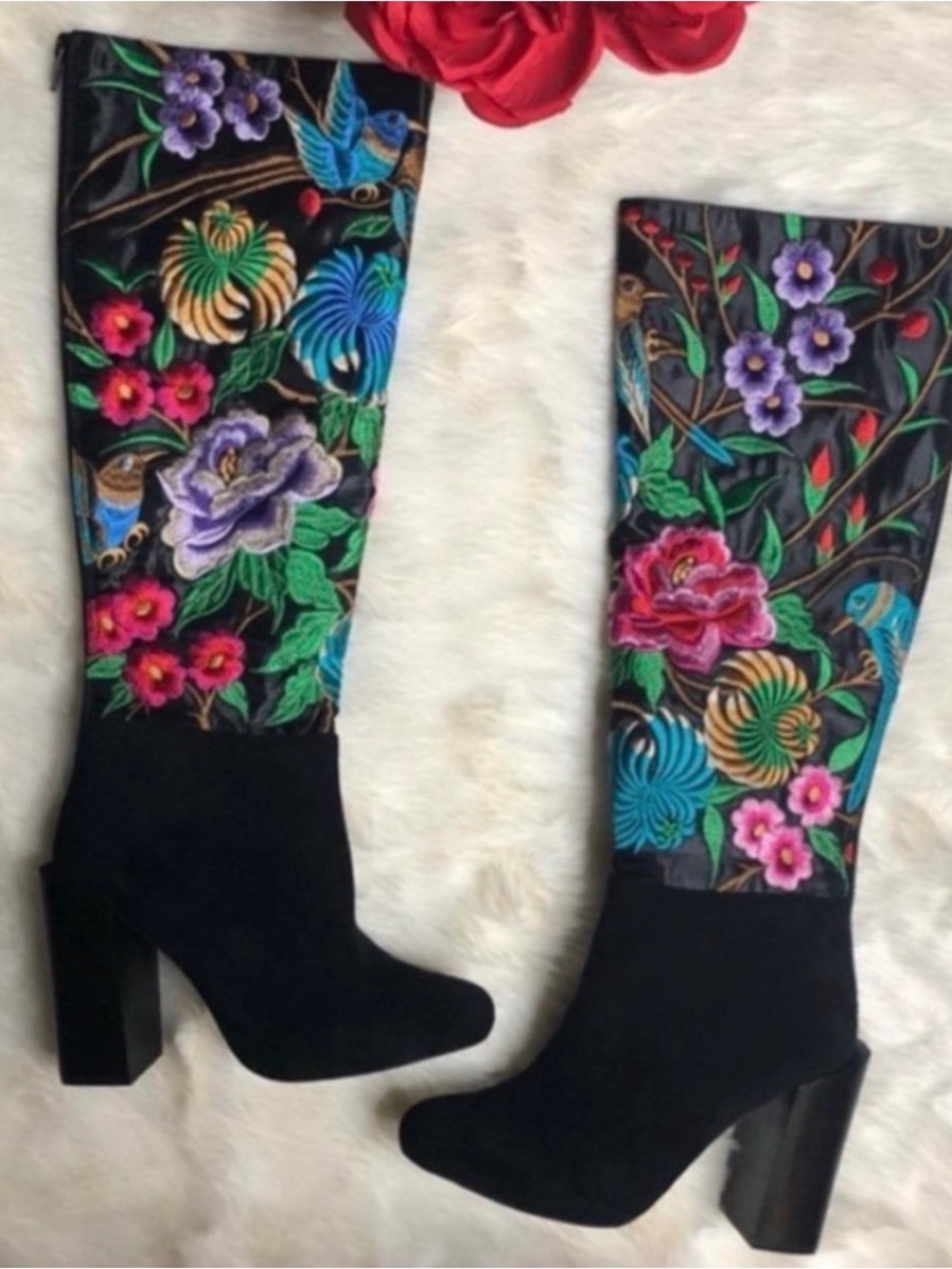 Jeffrey Campbell Floral Embroidered Black Knee-High Boots